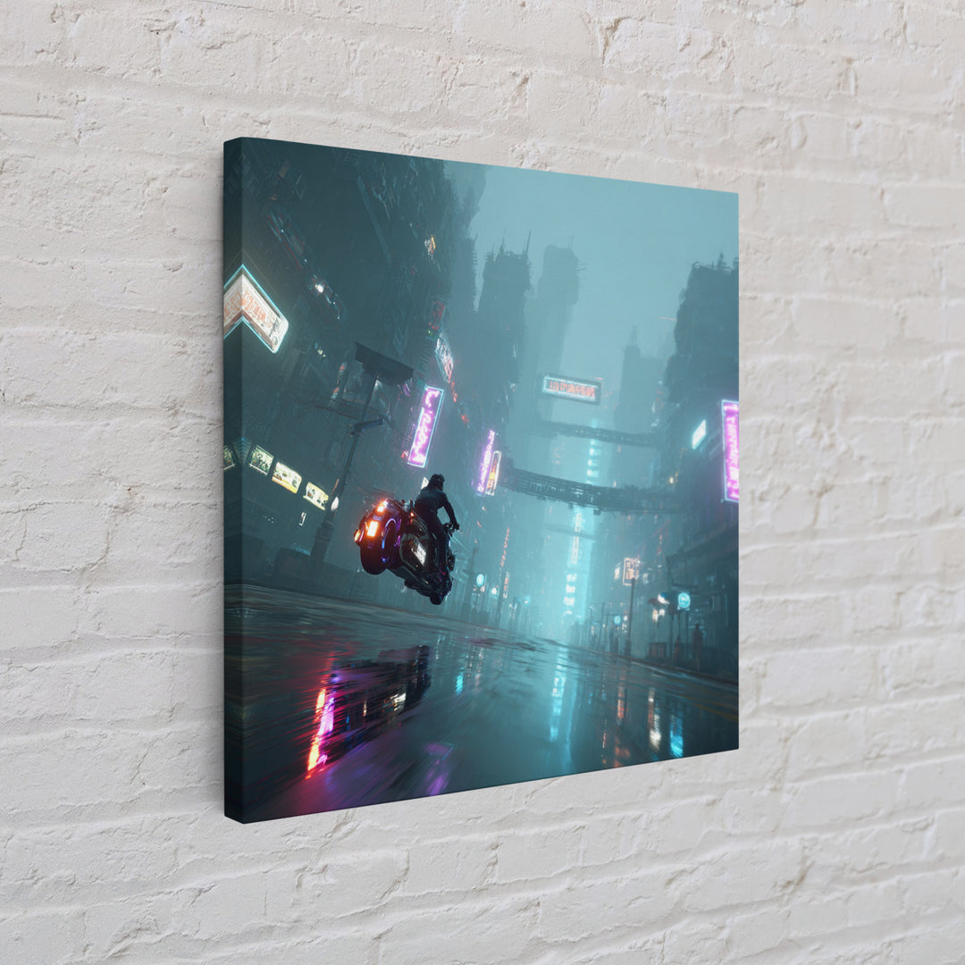 High Speed Hover Bike Trail of Light Framed Canvas Print, Futuristic Art, Cyberpunk Decor, Living Room Decor, Fine Art, Future, FUT-1x1-68