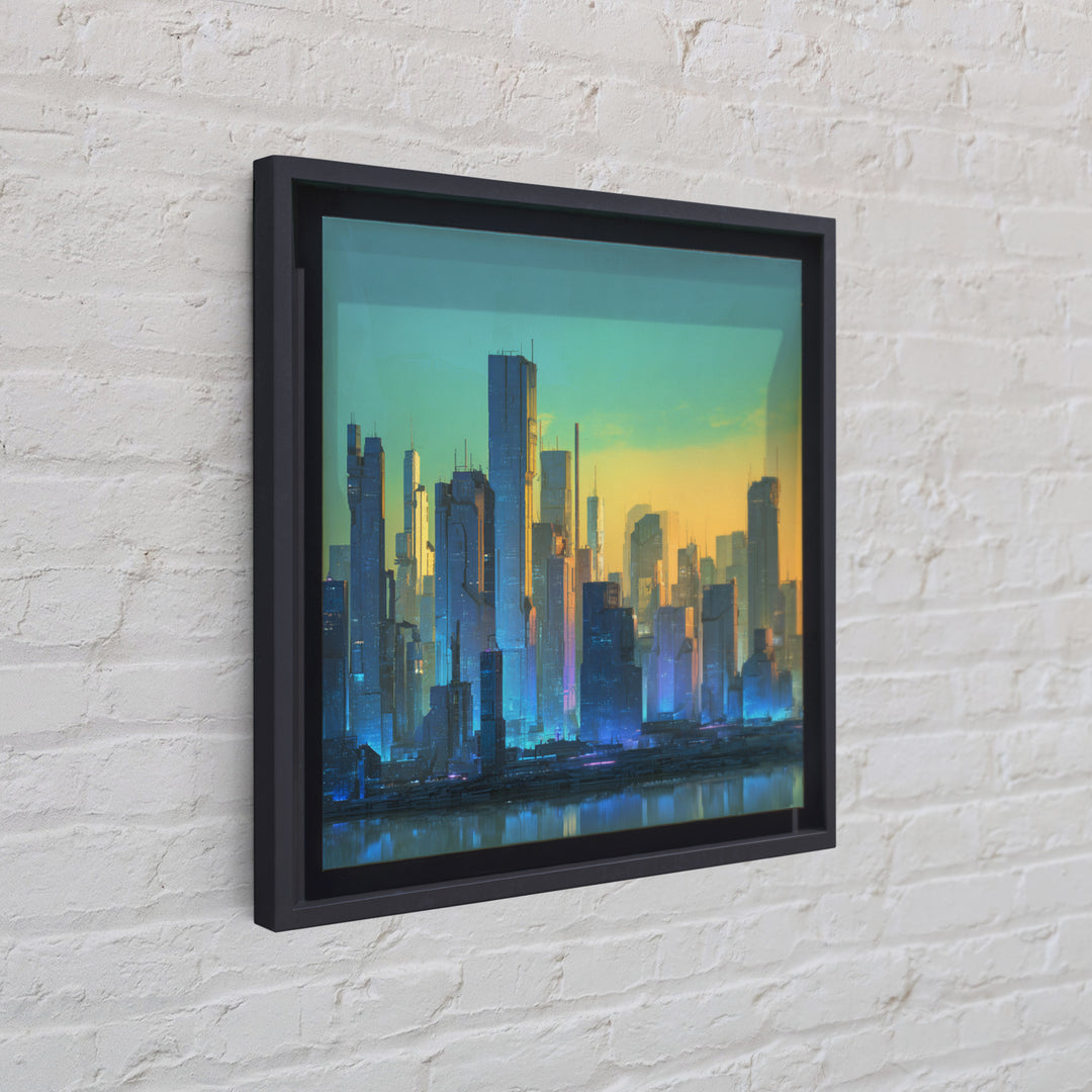 Sleek Chrome City Skyline Framed Canvas Print, Futuristic Art, Modern Wall Art, Living Room Decor, Abstract Art, Future, FUT-1x1-73