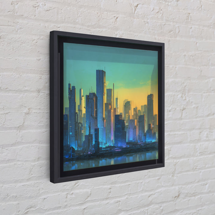 Sleek Chrome City Skyline Framed Canvas Print, Futuristic Art, Modern Wall Art, Living Room Decor, Abstract Art, Future, FUT-1x1-73