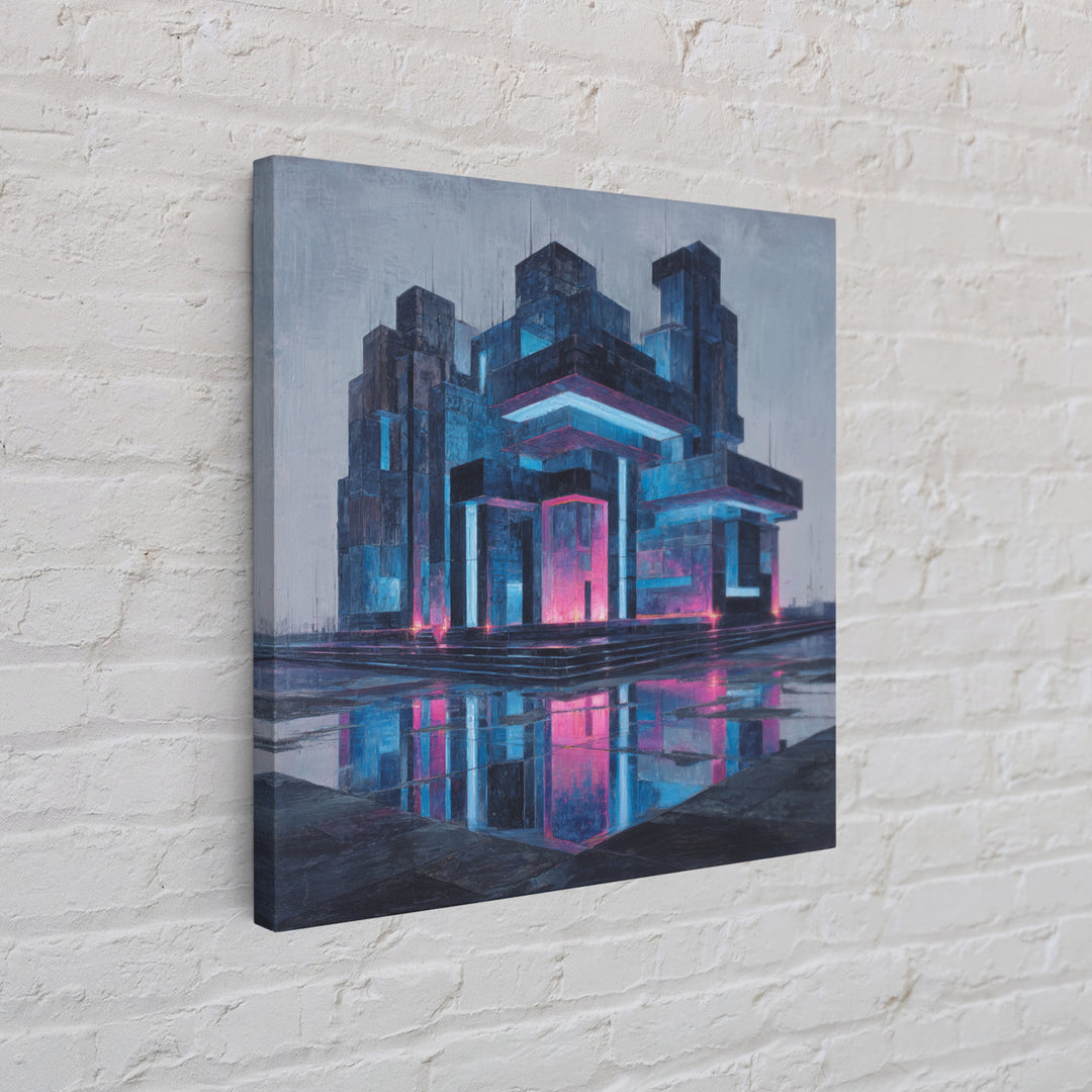 White and Blue Utopian Megastructure Framed Canvas Print, Futuristic Art, Living Room Decor, Abstract Art, Future, FUT-1x1-84