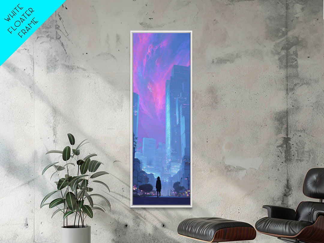Digital Aurora Above a Clean White City Framed Canvas Print, Futuristic Art, Digital Poster, Living Room Decor, Future, FUT-1x3-36