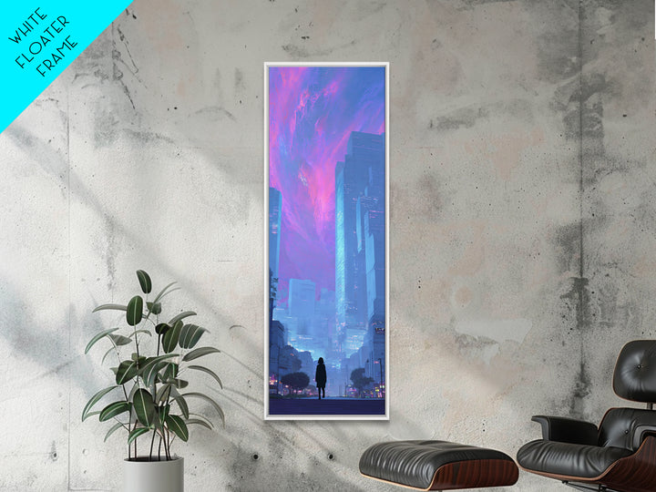 Digital Aurora Above a Clean White City Framed Canvas Print, Futuristic Art, Digital Poster, Living Room Decor, Future, FUT-1x3-36