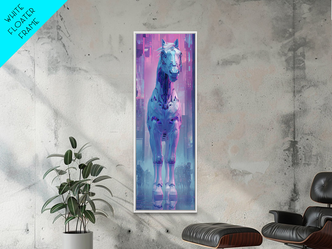 Cybernetic Horse in a Luminous Field Canvas Print, Futuristic Art, Digital Art, Living Room Decor, Future, Landscape Art, FUT-1x3-49