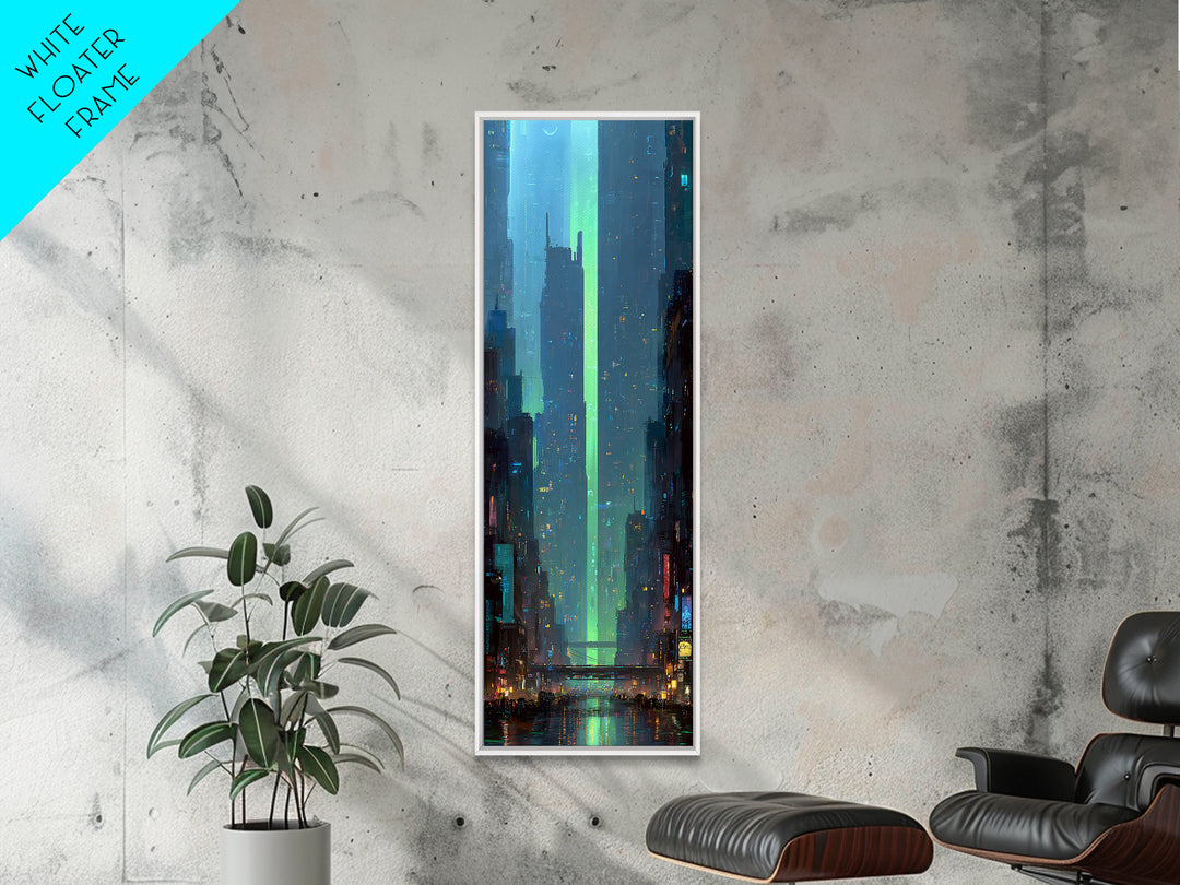 Digital Aurora Above a Clean White City Canvas Print, Futuristic Art, Eclectic Home Decor, Living Room Decor, Abstract Art, FUT-1x3-60