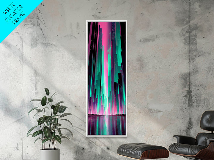 Digital Aurora Above a Clean White City Framed Canvas Print, Futuristic Art, Statement Artwork, Living Room Decor, Future, FUT-1x3-84