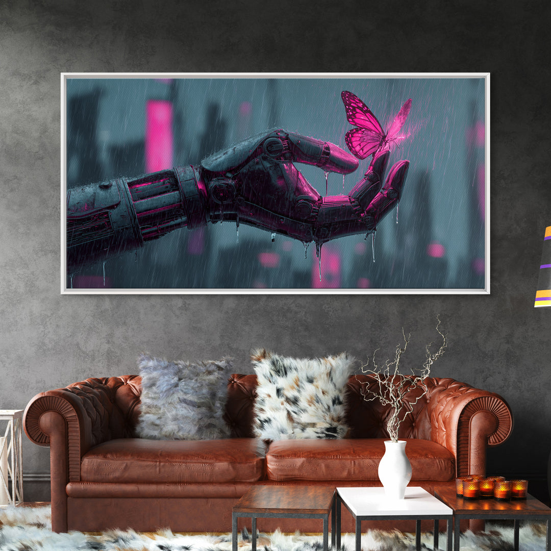 Robotic Hand Holding a Delicate Butterfly Framed Canvas Print, Futuristic Art, Unique Home Decor, Living Room Decor, Future, FUT-2x1-100