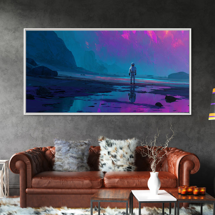 Silver Astronaut Walking Through Neon Desert Canvas Print, Futuristic Art, Steampunk Decor, Living Room Decor, Future, FUT-2x1-25