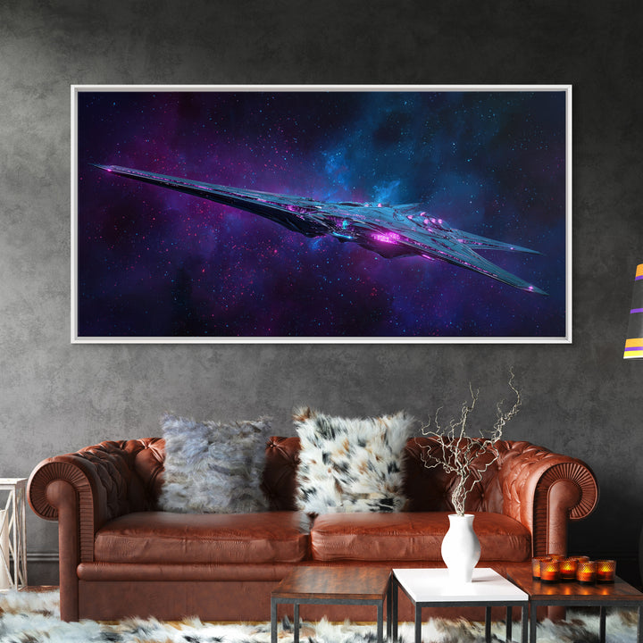 Solar Sail Ship Crossing Star Filled Space Framed Canvas Print, Futuristic Art, Landscape Art, Living Room Decor, Future, FUT-2x1-37
