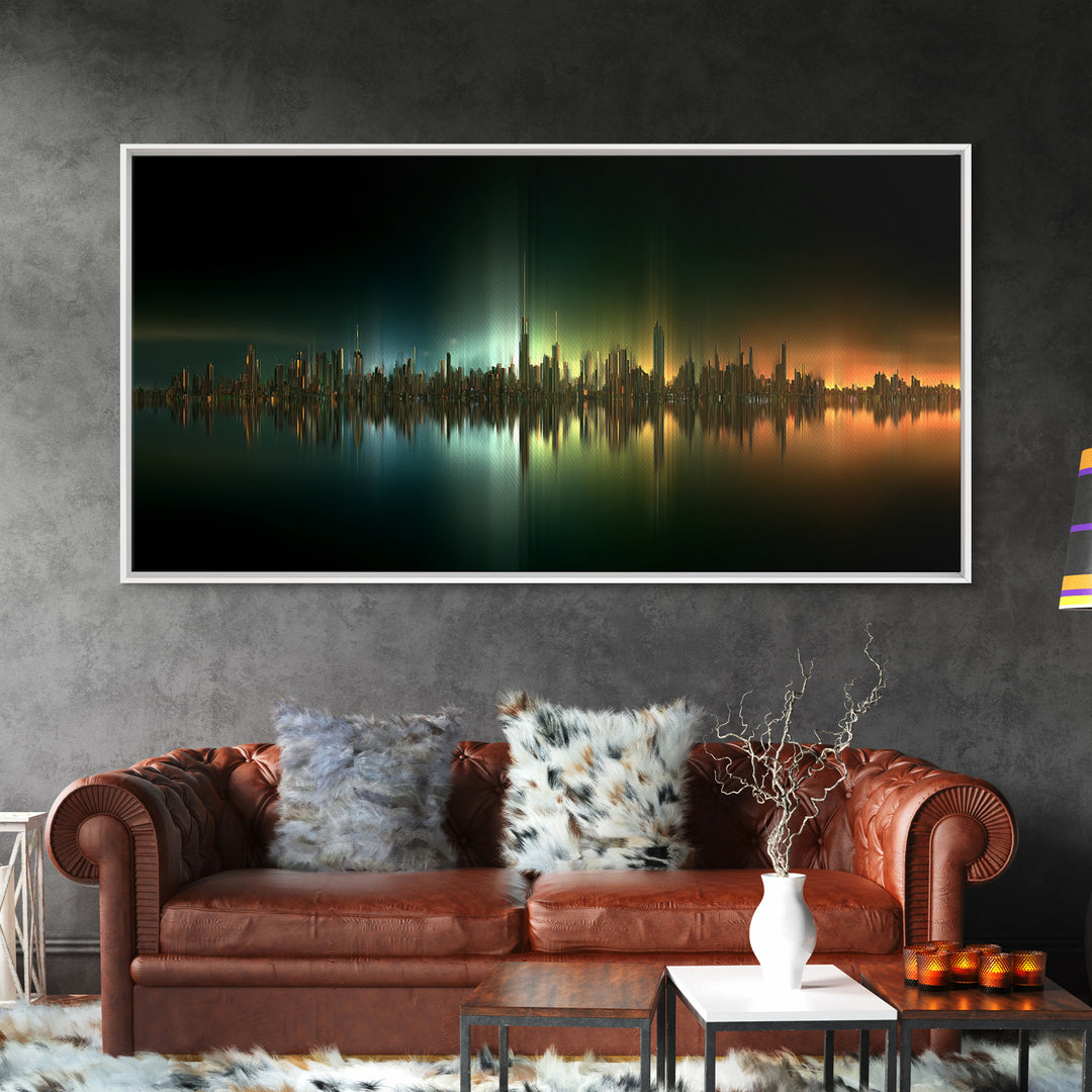 Sleek Chrome City Skyline Framed Canvas Print, Futuristic Art, Contemporary Art, Living Room Decor, Fine Art, Future, FUT-2x1-45
