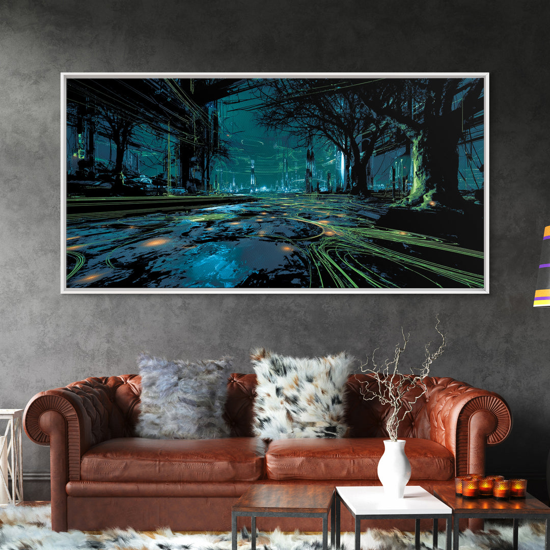 Bioluminescent Garden in a Future Habitat Canvas Print, Futuristic Art, Living Room Decor, Watercolor Art, Future, FUT-2x1-48