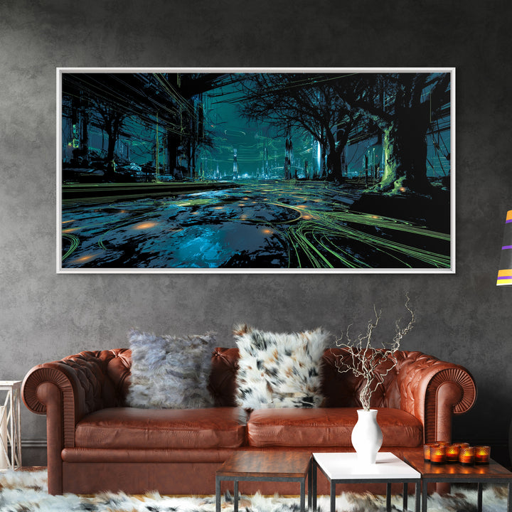 Bioluminescent Garden in a Future Habitat Canvas Print, Futuristic Art, Living Room Decor, Watercolor Art, Future, FUT-2x1-48