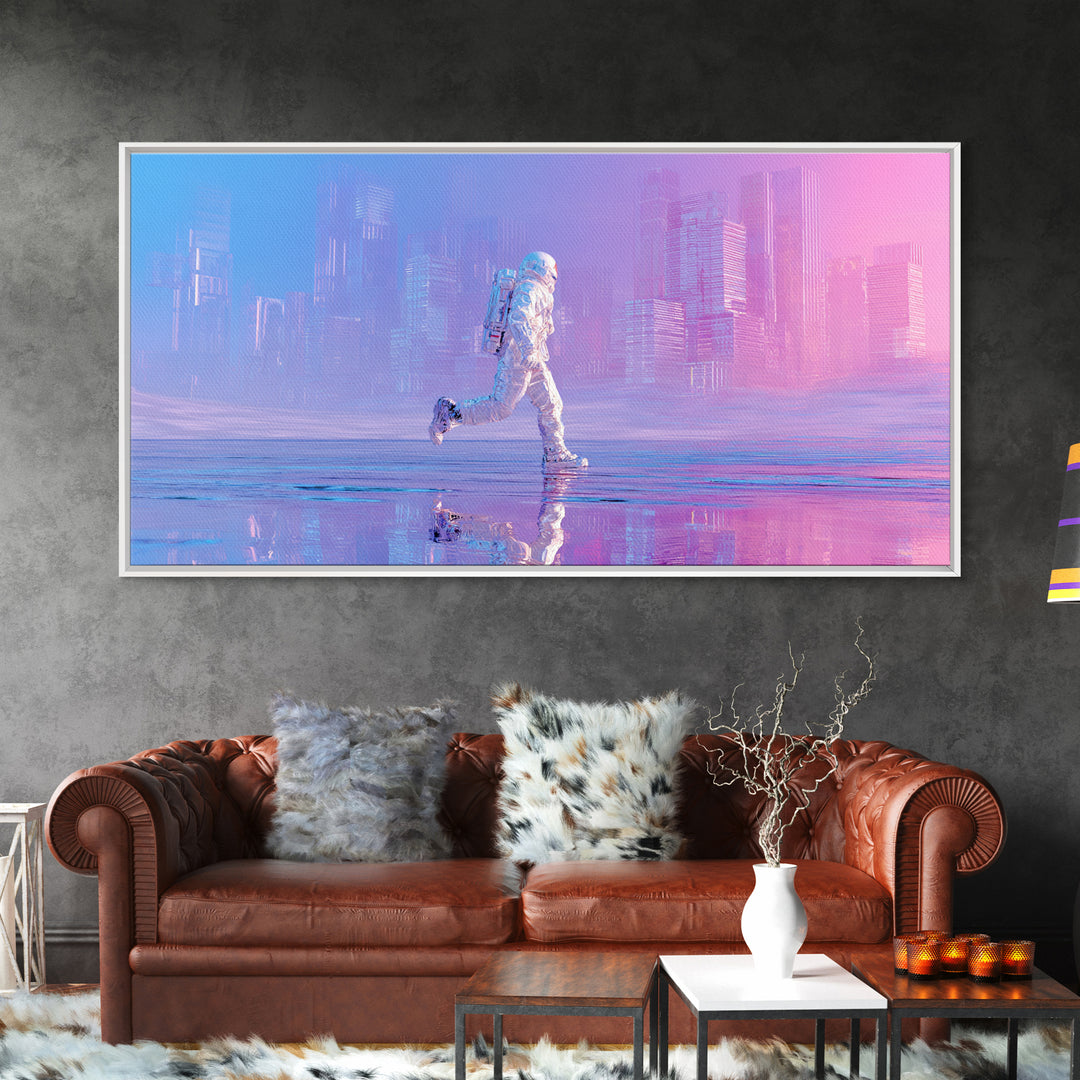 Silver Astronaut Walking Through Neon Desert Canvas Print, Futuristic Art, Victorian Decor, Living Room Decor, Fine Art, Future, FUT-2x1-49