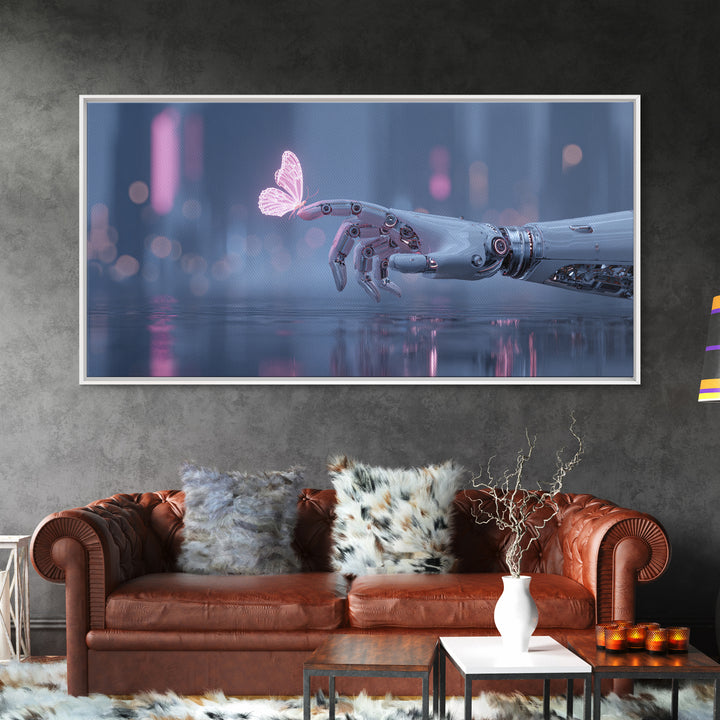 Robotic Hand Holding a Delicate Butterfly Canvas Print, Futuristic Art, Mid Century Modern, Living Room Decor, Fine Art, Future, FUT-2x1-52