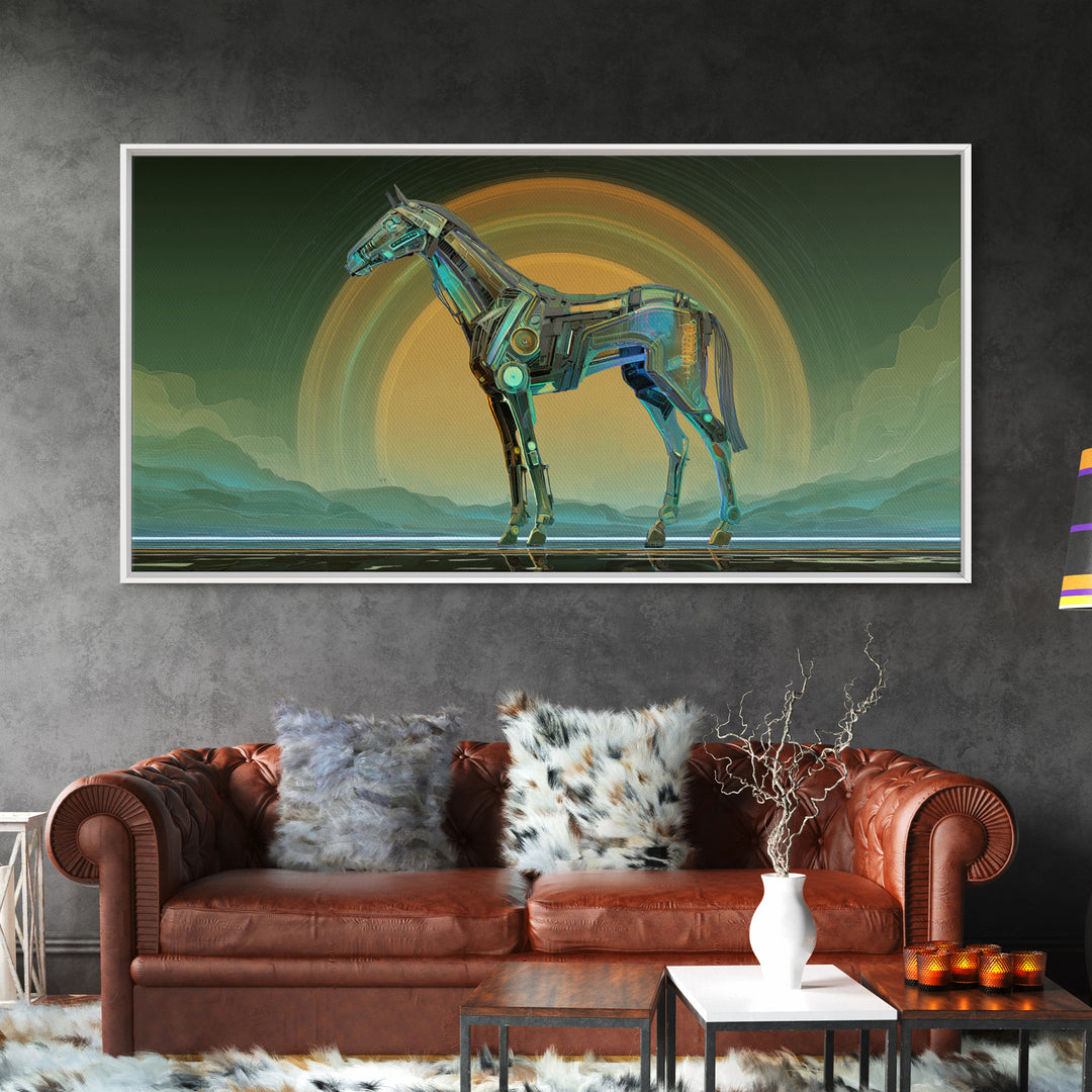 Cybernetic Horse in a Luminous Field Canvas Print, Futuristic Art, Digital Poster, Living Room Decor, Fine Art, Future, FUT-2x1-57