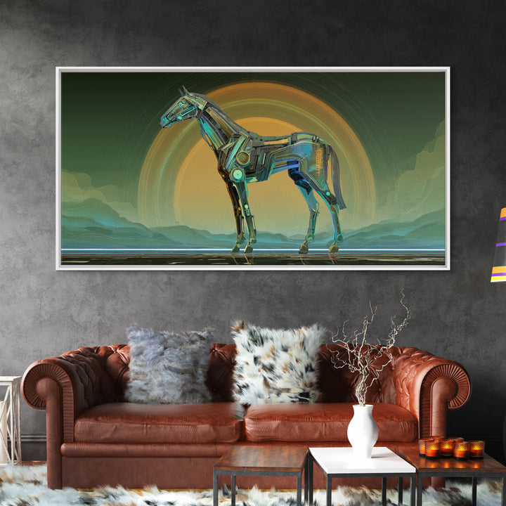 Cybernetic Horse in a Luminous Field Canvas Print, Futuristic Art, Digital Poster, Living Room Decor, Fine Art, Future, FUT-2x1-57