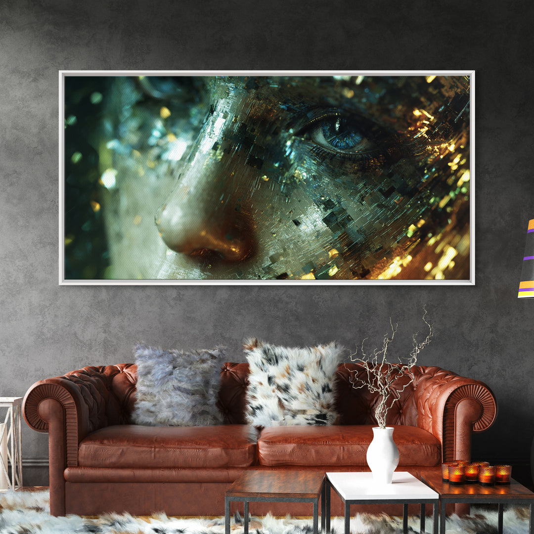 Abstract Ai Face Formed from Light Fragments Canvas Print, Futuristic Art, Extra Large Wall Art, Living Room Decor, Future, FUT-2x1-70