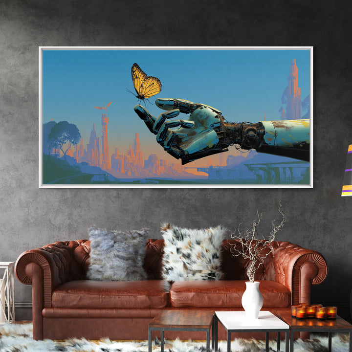 Robotic Hand Holding a Delicate Butterfly Canvas Print, Futuristic Art, Landscape Art, Living Room Decor, Fine Art, Future, FUT-2x1-76