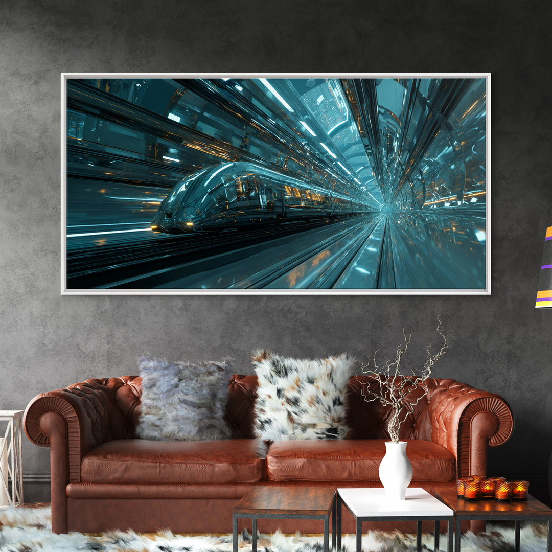 Transparent Train Speeding Through Light Tunnels Canvas Print, Futuristic Art, Fine Art Print, Living Room Decor, Future, FUT-2x1-79