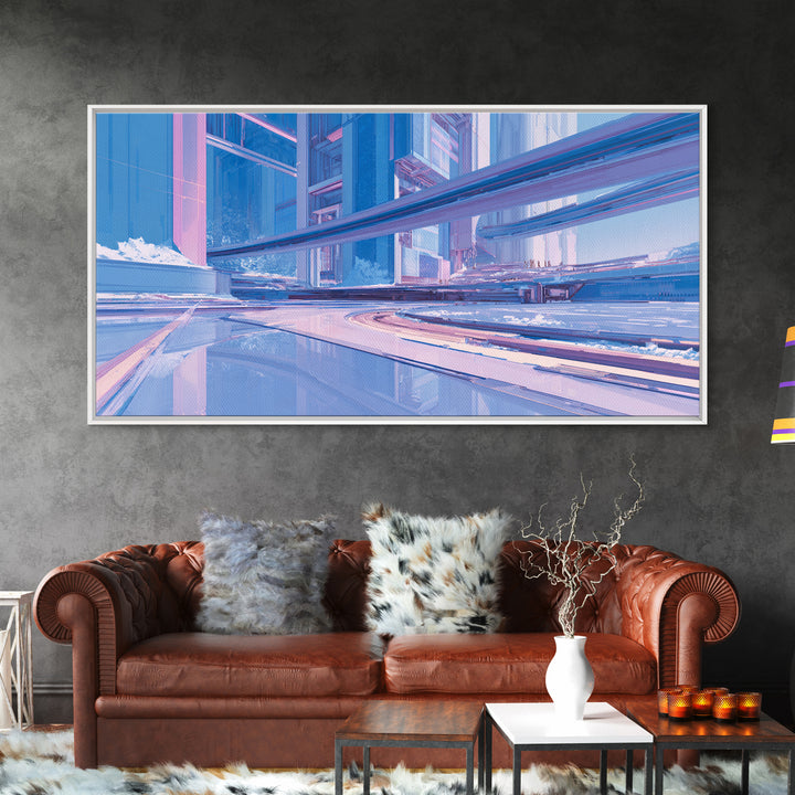 White and Blue Utopian Megastructure Framed Canvas Print, Futuristic Art, Colorful Wall Art, Living Room Decor, Future, FUT-2x1-80