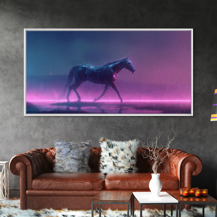 Cybernetic Horse in a Luminous Field Framed Canvas Print, Futuristic Art, Eclectic Home Decor, Living Room Decor, FUT-2x1-81