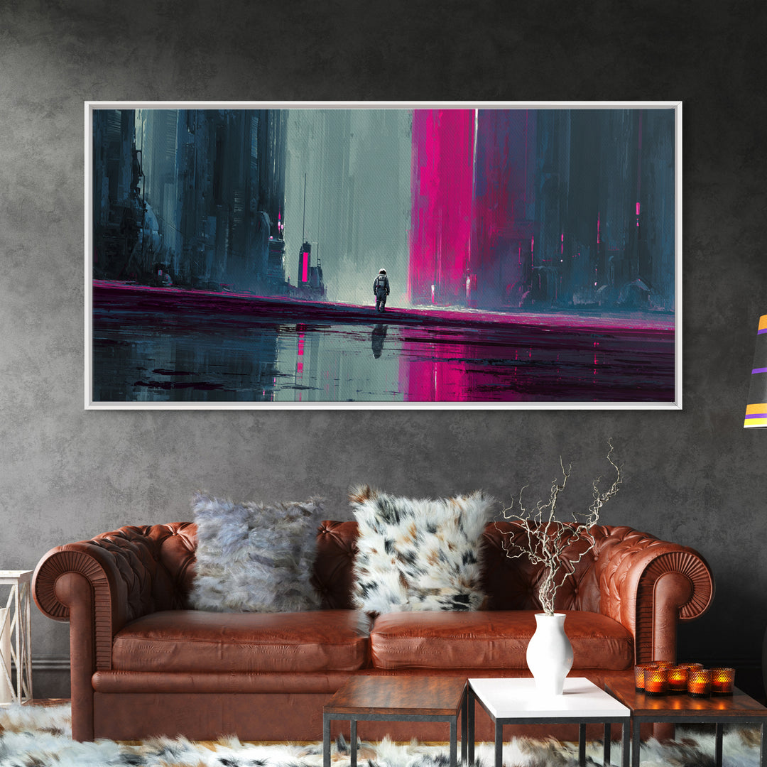 Silver Astronaut Walking Through Neon Desert Framed Canvas Print, Futuristic Art, Modern Decor, Living Room Decor, Future, FUT-2x1-97