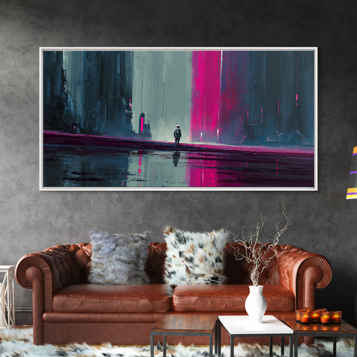 Silver Astronaut Walking Through Neon Desert Framed Canvas Print, Futuristic Art, Modern Decor, Living Room Decor, Future, FUT-2x1-97