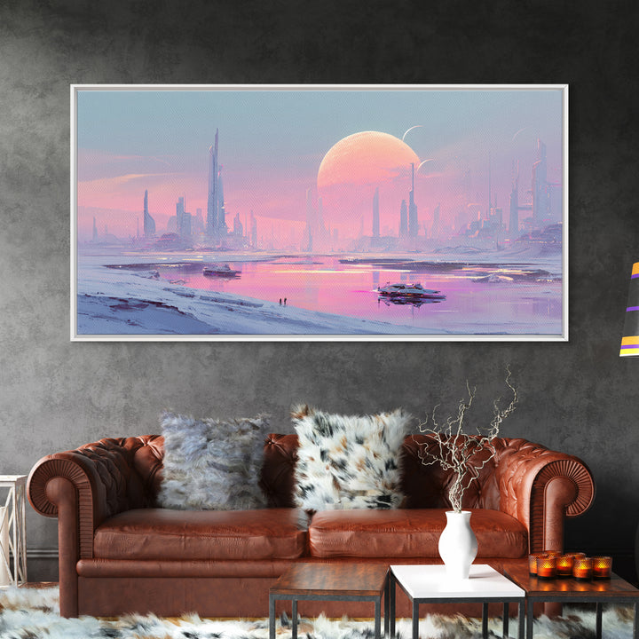 Minimal Spacecraft over a Clean Planet Horizon Canvas Print, Futuristic Art, Contemporary Art, Living Room Decor, Future, FUT-2x1-99