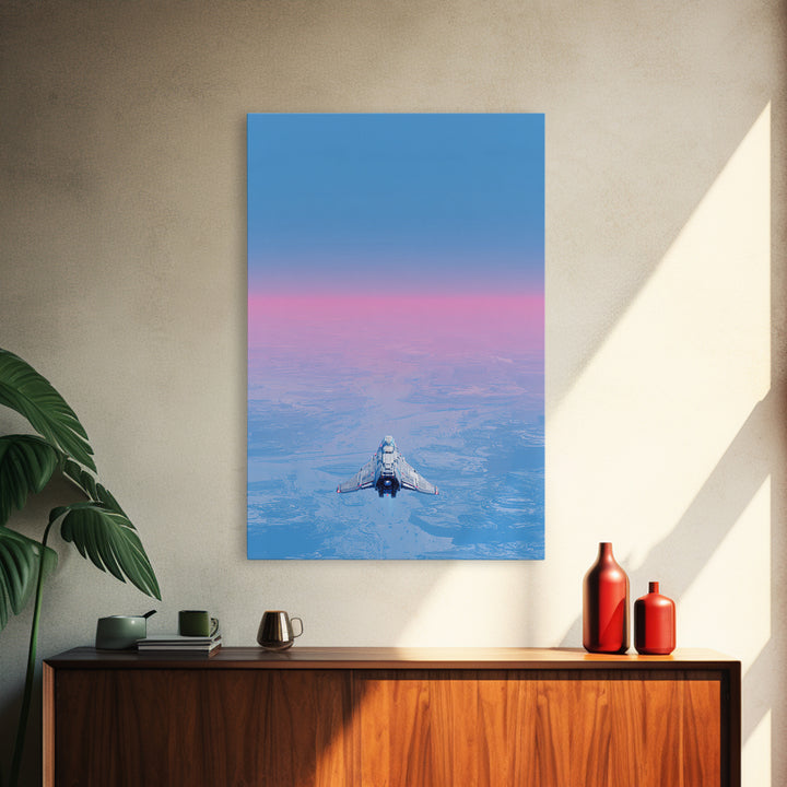 Minimal Spacecraft over a Clean Planet Horizon Canvas Print, Futuristic Art, Steampunk Decor, Living Room Decor, Oil Painting, FUT-2x3-15
