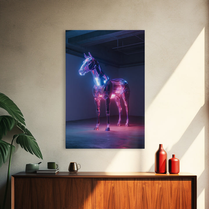 Cybernetic Horse in a Luminous Field Framed Canvas Print, Futuristic Art, Cyberpunk Decor, Living Room Decor, Oil Painting, FUT-2x3-21