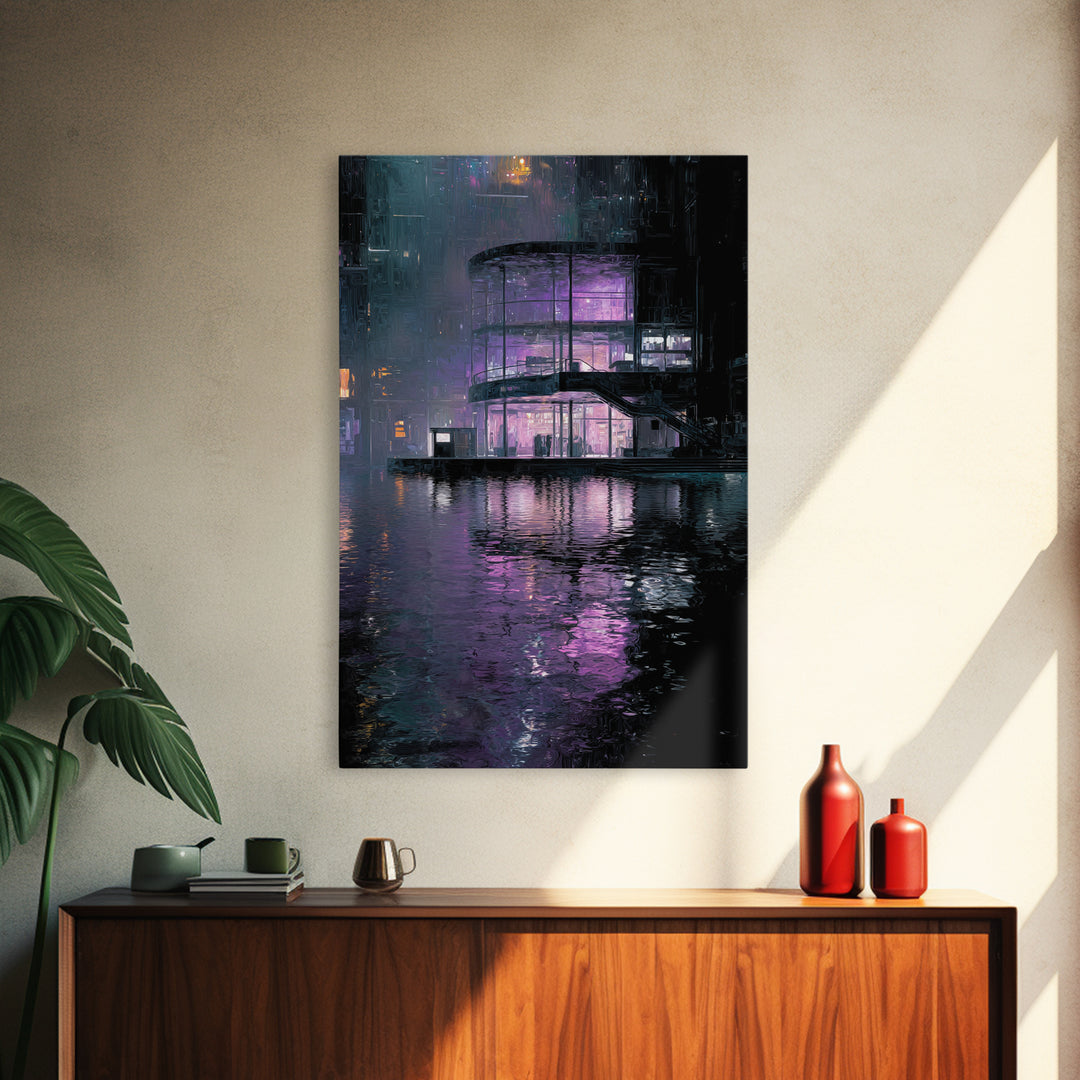 Floating Glass Architecture Above Reflective Water Canvas Print, Futuristic Art, Neutral Decor, Living Room Decor, Future, FUT-2x3-35