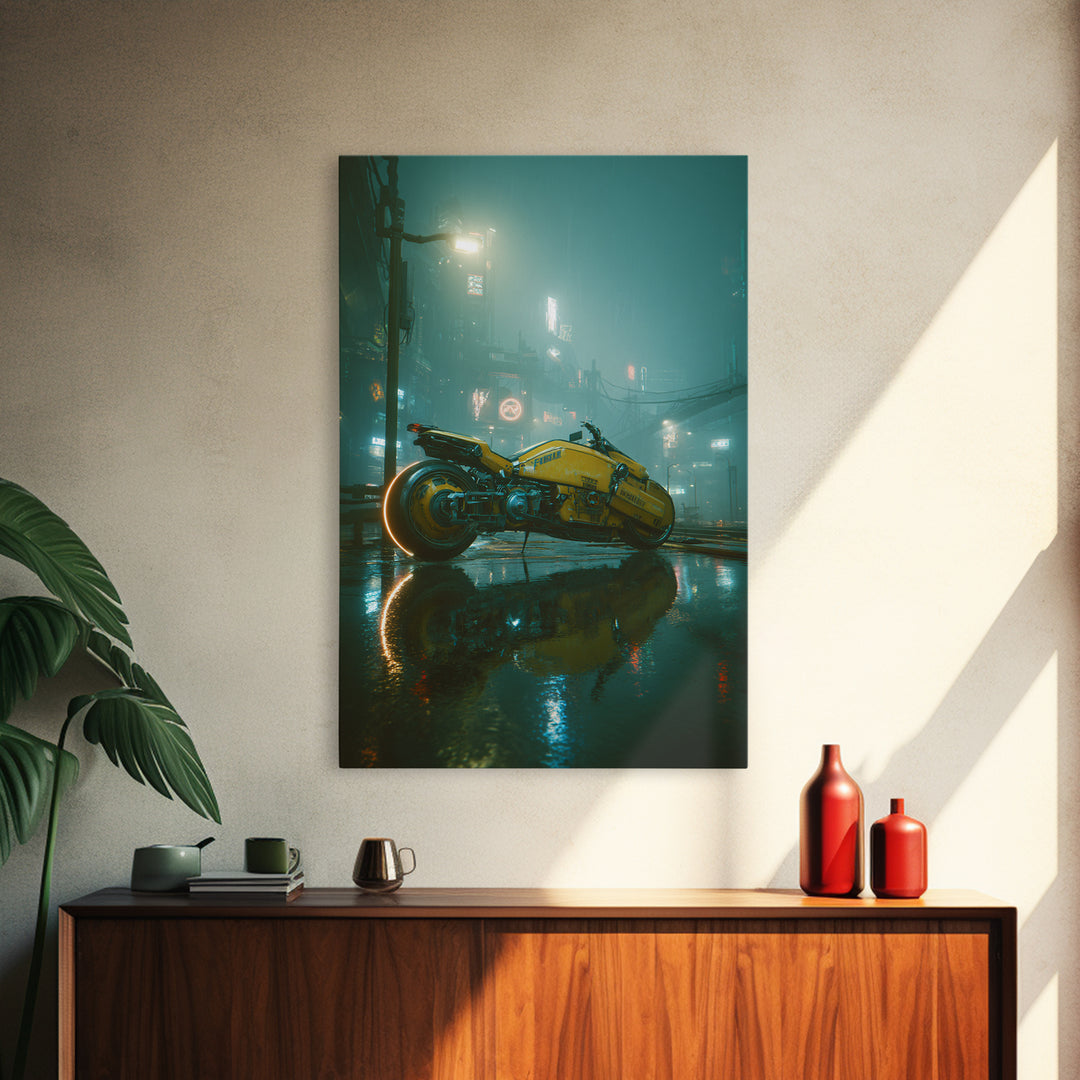 High Speed Hover Bike Trail of Light Framed Canvas Print, Futuristic Art, Modern Art, Living Room Decor, Fine Art, Future, FUT-2x3-4