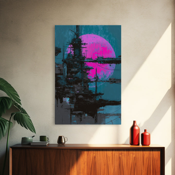 Moon Colony Silhouette Framed Canvas Print, Futuristic Art, Modern Wall Decor, Living Room Decor, Oil Painting, Future, FUT-2x3-53