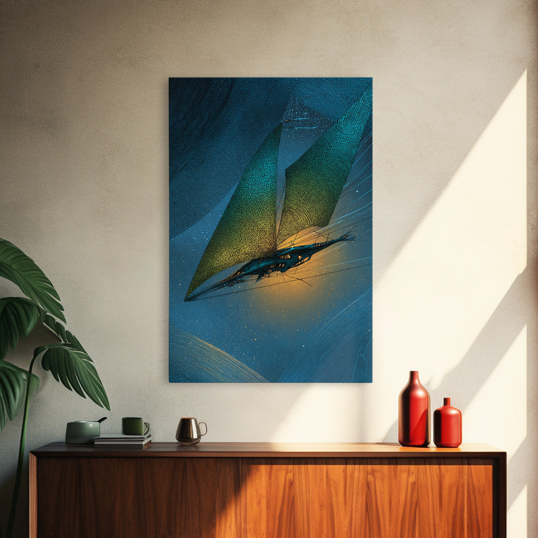 Solar Sail Ship Crossing Star Filled Space Framed Canvas Print, Futuristic Art, Statement Artwork, Living Room Decor, Future, FUT-2x3-73