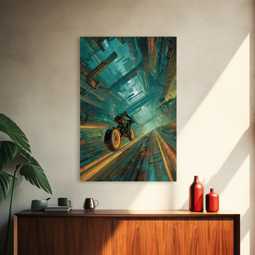 High Speed Hover Bike Trail of Light Framed Canvas Print, Futuristic Art, Room Decor, Living Room Decor, Fine Art, Future, FUT-2x3-76