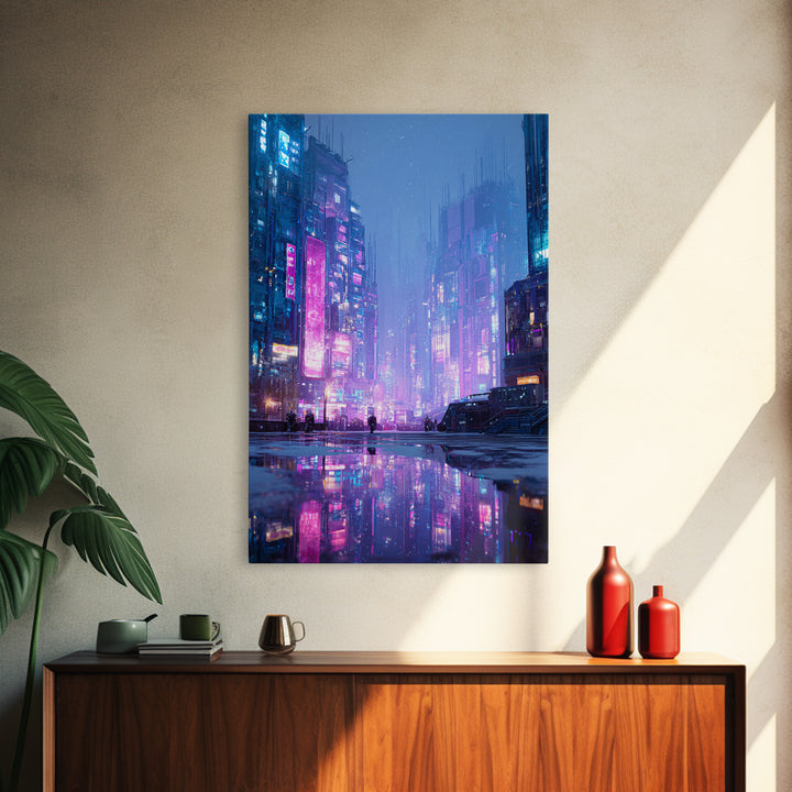 Digital Aurora Above a Clean White City Framed Canvas Print, Futuristic Art, Digital Art, Living Room Decor, Oil Painting, FUT-2x3-8