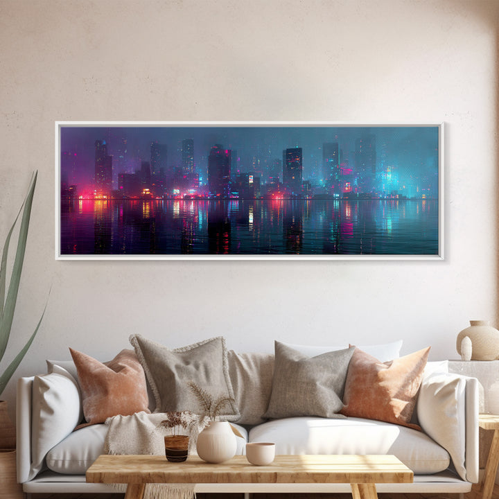 Floating Glass Architecture Above Reflective Water Canvas Print, Futuristic Art, Living Room Decor, Watercolor Art, Future, FUT-3x1-19