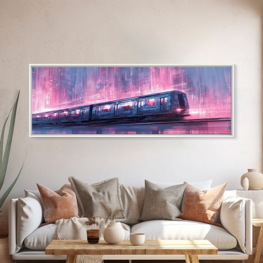 Transparent Train Speeding Through Light Tunnels Framed Canvas Print, Futuristic Art, Art Print, Living Room Decor, Future, FUT-3x1-27