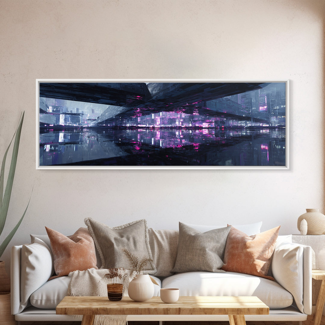 Floating Glass Architecture Above Reflective Water Canvas Print, Futuristic Art, Unique Wall Art, Living Room Decor, Future, FUT-3x1-43