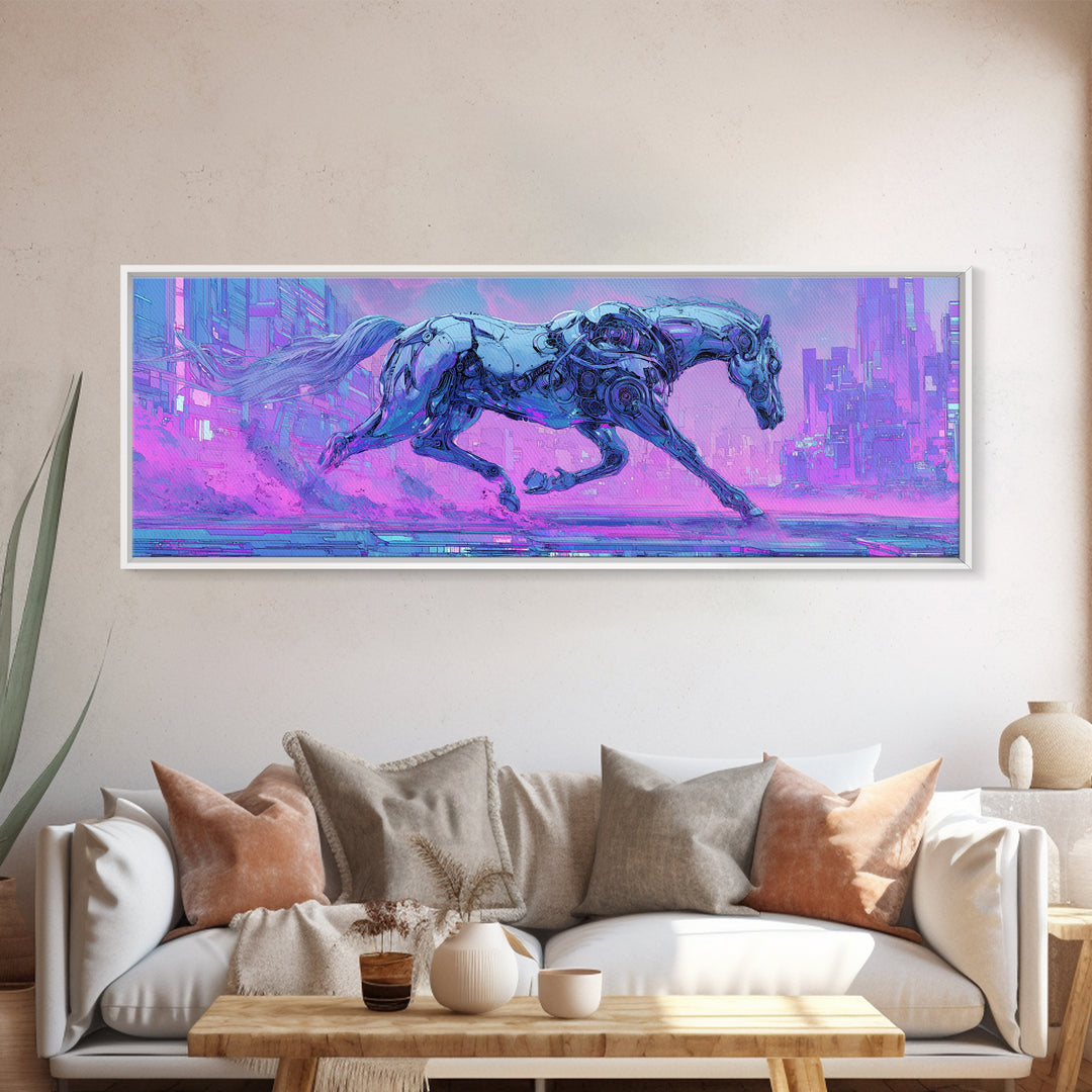 Cybernetic Horse in a Luminous Field Framed Canvas Print, Futuristic Art, Eclectic Home Decor, Living Room Decor, FUT-3x1-5