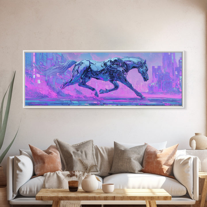 Cybernetic Horse in a Luminous Field Framed Canvas Print, Futuristic Art, Eclectic Home Decor, Living Room Decor, FUT-3x1-5