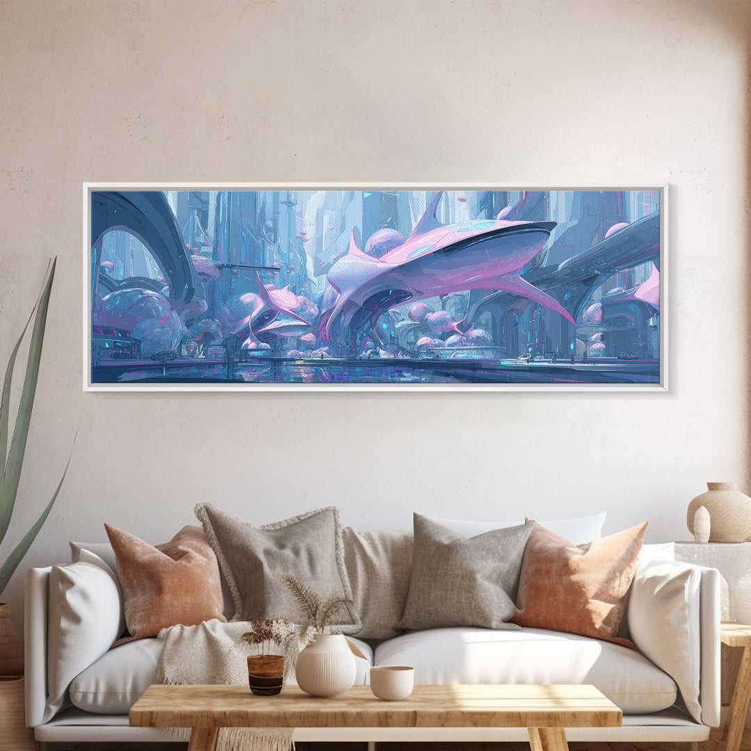 Future Ocean Lab Framed Canvas Print, Futuristic Art, Ai Art, Living Room Decor, Oil Painting, Future, Digital Poster, FUT-3x1-55