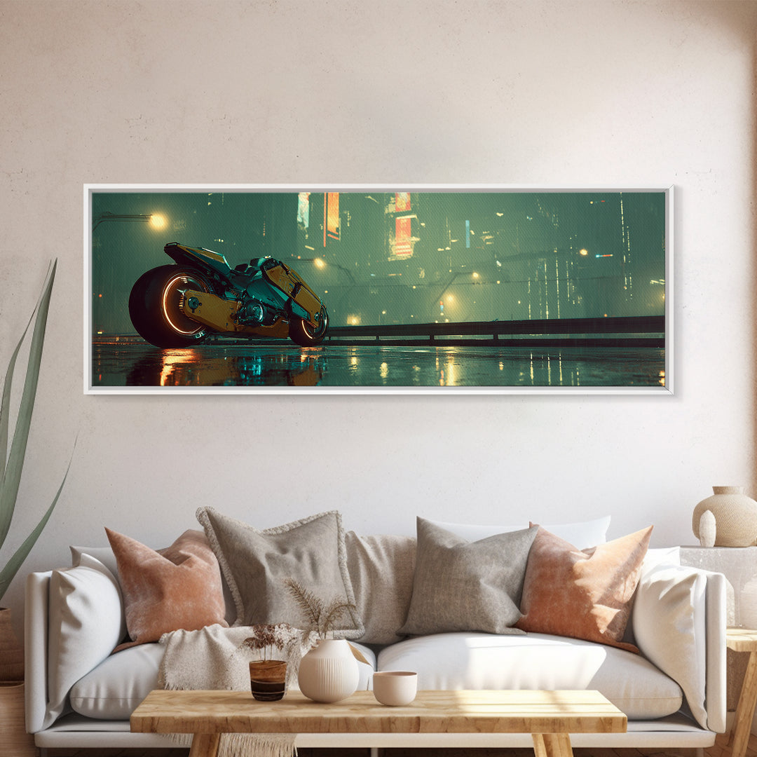 High Speed Hover Bike Trail of Light Framed Canvas Print, Futuristic Art, Textured Painting, Living Room Decor, Future, FUT-3x1-60