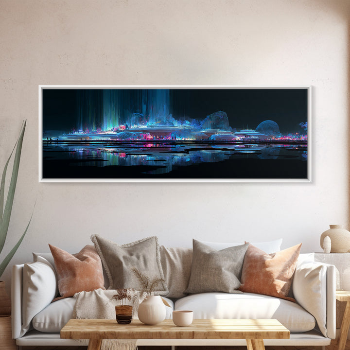 Bioluminescent Garden in a Future Habitat Framed Canvas Print, Futuristic Art, Digital Art, Living Room Decor, Fine Art, Future, FUT-3x1-68