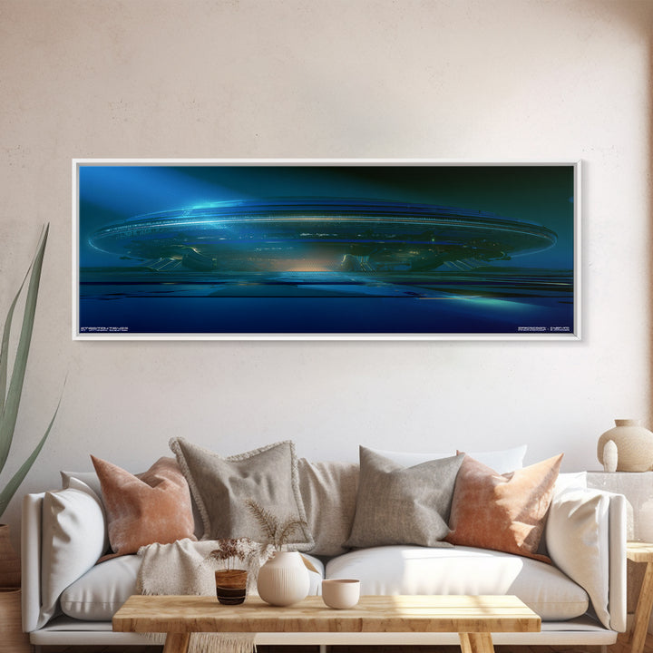 White and Blue Utopian Megastructure Canvas Print, Futuristic Art, Mid Century Modern, Living Room Decor, Fine Art, Future, FUT-3x1-76