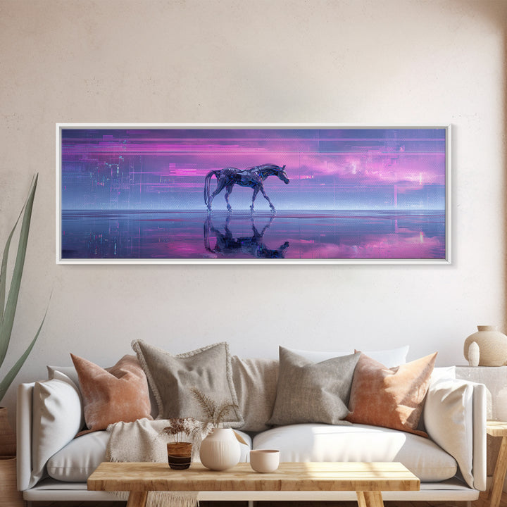 Cybernetic Horse in a Luminous Field Framed Canvas Print, Futuristic Art, Minimalist Decor, Living Room Decor, Fine Art, Future, FUT-3x1-77