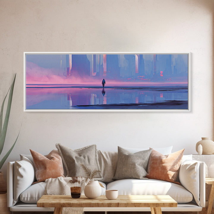 Silver Astronaut Walking Through Neon Desert Canvas Print, Futuristic Art, Canvas Wall Art, Living Room Decor, Oil Painting, FUT-3x1-93