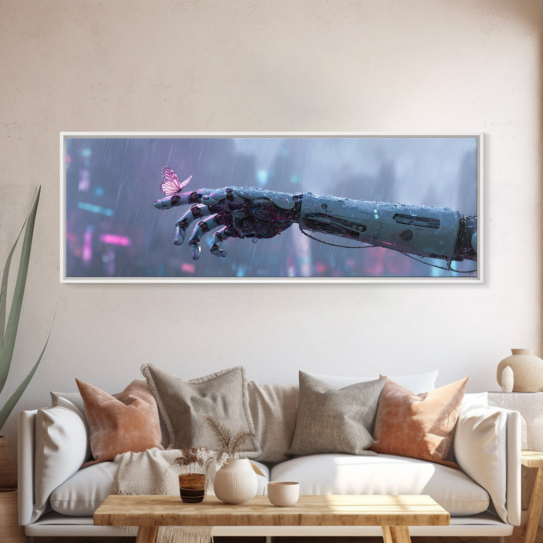 Robotic Hand Holding a Delicate Butterfly Canvas Print, Futuristic Art, Unique Wall Art, Living Room Decor, Fine Art, Future, FUT-3x1-96
