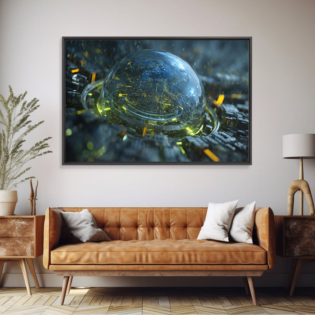 Orbital City Ring Around a Blue Planet Framed Canvas Print, Futuristic Art, Unique Home Decor, Living Room Decor, Future, FUT-3x2-14