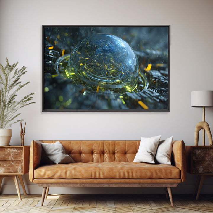 Orbital City Ring Around a Blue Planet Framed Canvas Print, Futuristic Art, Unique Home Decor, Living Room Decor, Future, FUT-3x2-14
