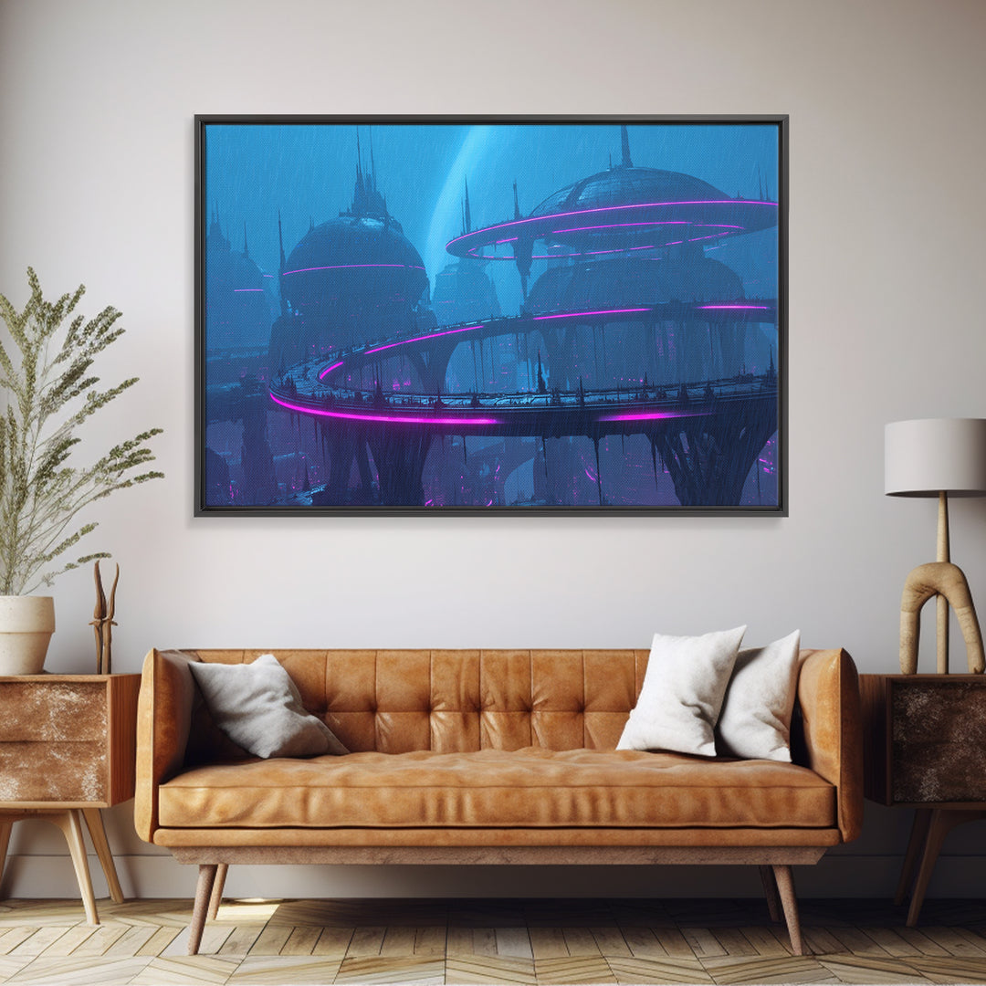Orbital City Ring Around a Blue Planet Canvas Print, Futuristic Art, Modern Wall Decor, Living Room Decor, Fine Art, Future, FUT-3x2-38